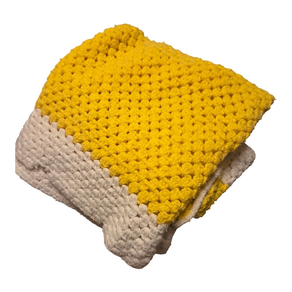 Handmade Afghan Baby Blanket 64x38 Yellow White Vintage 1970s Crochet